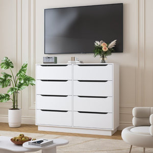 English Elm White Eight Drawer Wide Dresser Engineered Wood Storage Chest for Bedroom or Entryway W409S00026