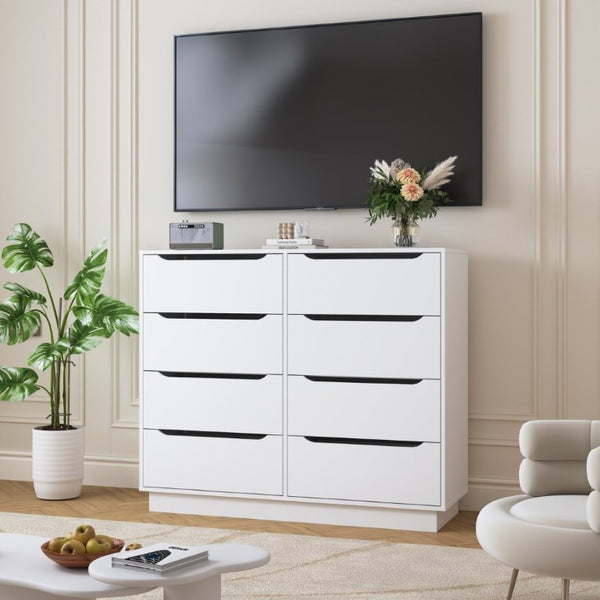 English Elm White Eight Drawer Wide Dresser Engineered Wood Storage Chest for Bedroom or Entryway W409S00026