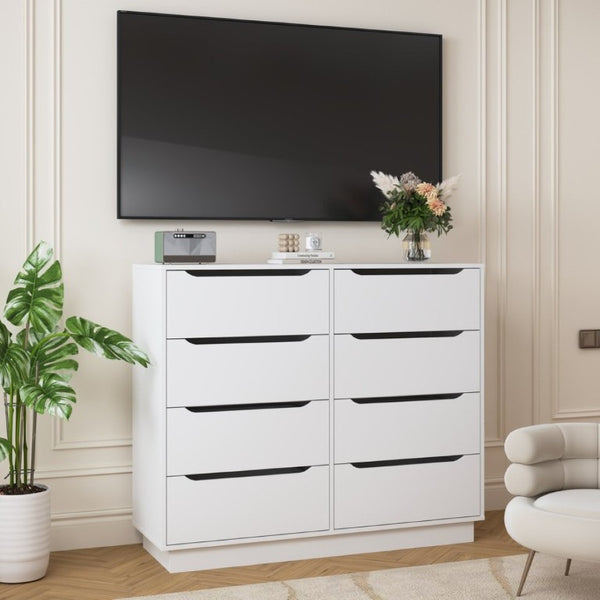 English Elm White Eight Drawer Wide Dresser Engineered Wood Storage Chest for Bedroom or Entryway W409S00026