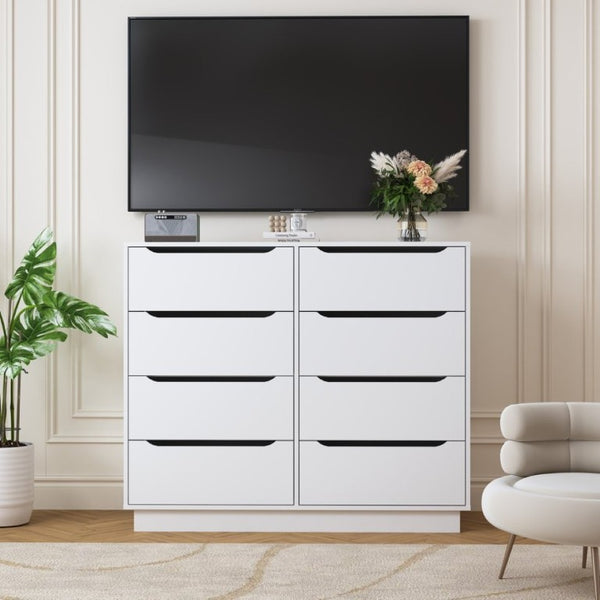 English Elm White Eight Drawer Wide Dresser Engineered Wood Storage Chest for Bedroom or Entryway W409S00026