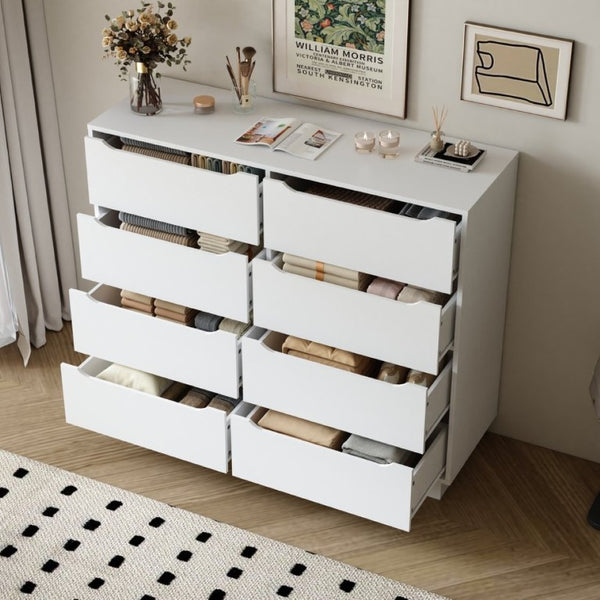 English Elm White Eight Drawer Wide Dresser Engineered Wood Storage Chest for Bedroom or Entryway W409S00026