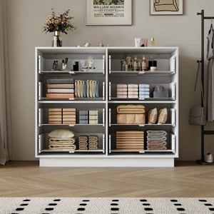 English Elm White Eight Drawer Wide Dresser Engineered Wood Storage Chest for Bedroom or Entryway W409S00026