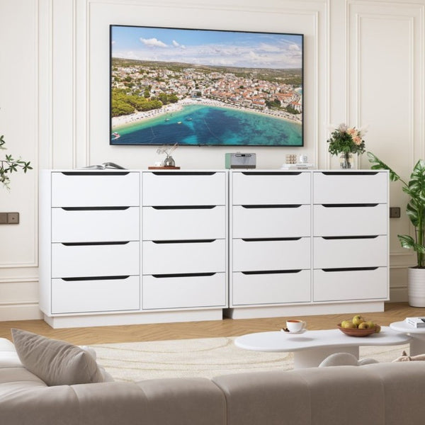 English Elm White Eight Drawer Wide Dresser Engineered Wood Storage Chest for Bedroom or Entryway W409S00026