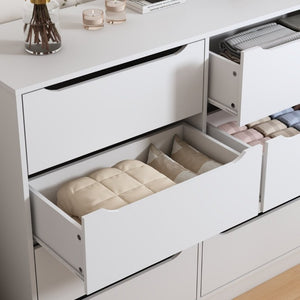 English Elm White Eight Drawer Wide Dresser Engineered Wood Storage Chest for Bedroom or Entryway W409S00026