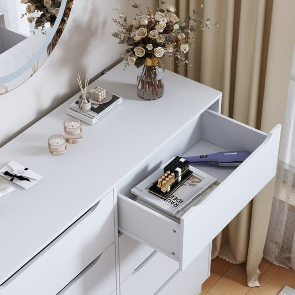 English Elm White Eight Drawer Wide Dresser Engineered Wood Storage Chest for Bedroom or Entryway W409S00026