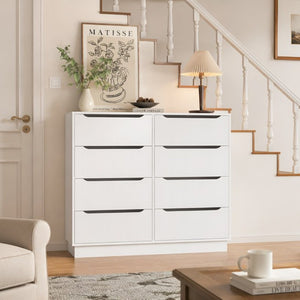 English Elm White Eight Drawer Wide Dresser Engineered Wood Storage Chest for Bedroom or Entryway W409S00026