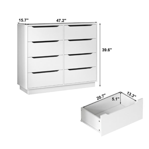 English Elm White Eight Drawer Wide Dresser Engineered Wood Storage Chest for Bedroom or Entryway W409S00026