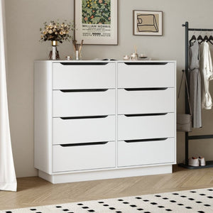 English Elm White Eight Drawer Wide Dresser Engineered Wood Storage Chest for Bedroom or Entryway W409S00026