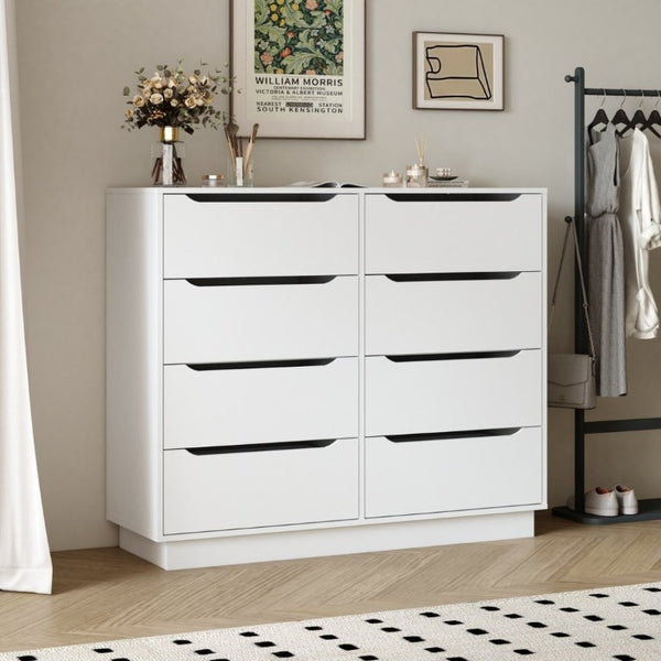 English Elm White Eight Drawer Wide Dresser Engineered Wood Storage Chest for Bedroom or Entryway W409S00026