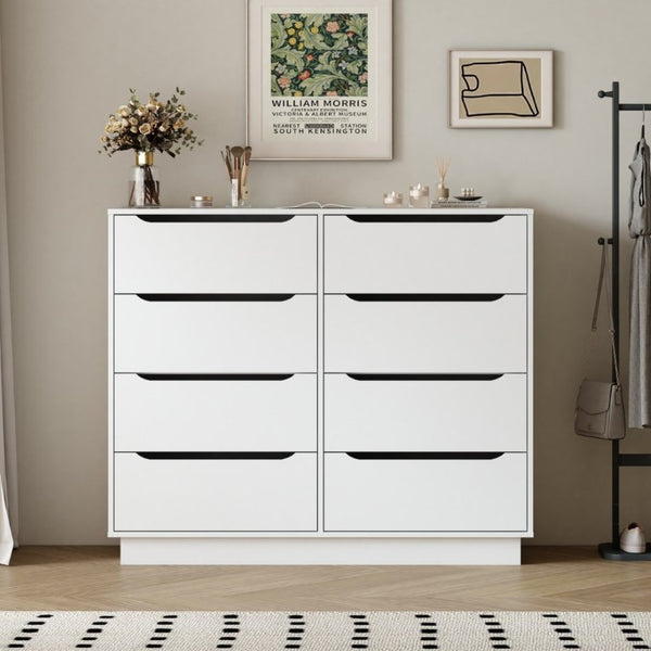 English Elm White Eight Drawer Wide Dresser Engineered Wood Storage Chest for Bedroom or Entryway W409S00026