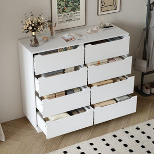 English Elm White Eight Drawer Wide Dresser Engineered Wood Storage Chest for Bedroom or Entryway W409S00026