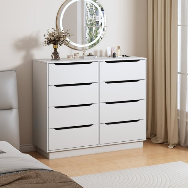 English Elm White Eight Drawer Wide Dresser Engineered Wood Storage Chest for Bedroom or Entryway W409S00026