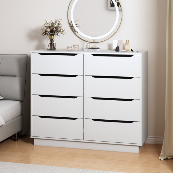 English Elm White Eight Drawer Wide Dresser Engineered Wood Storage Chest for Bedroom or Entryway W409S00026