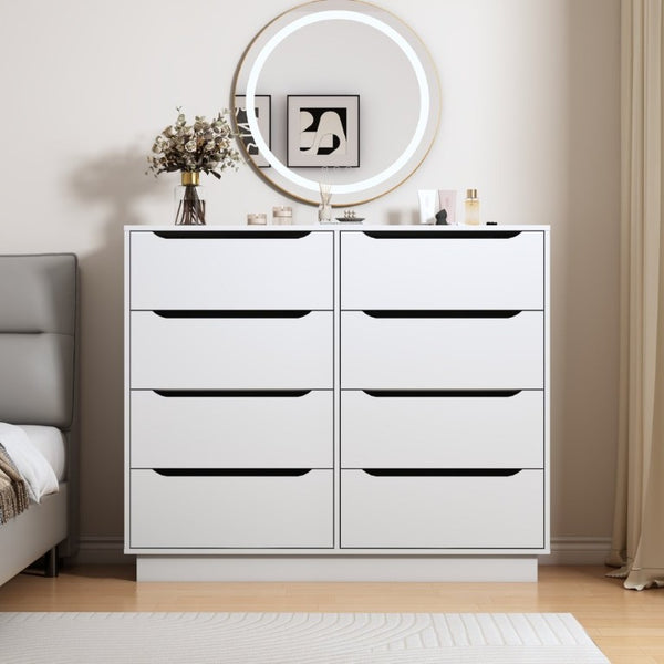 English Elm White Eight Drawer Wide Dresser Engineered Wood Storage Chest for Bedroom or Entryway W409S00026