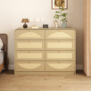 English Elm Natural Rattan Front 8 Drawer Wide Dresser Boho Bedroom Organizer with Gold Knobs W409S00032