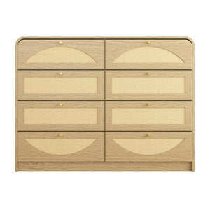English Elm Natural Rattan Front 8 Drawer Wide Dresser Boho Bedroom Organizer with Gold Knobs W409S00032
