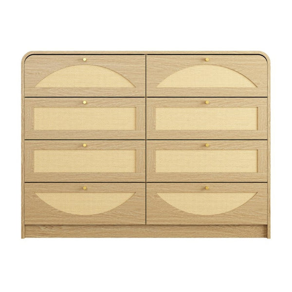 English Elm Natural Rattan Front 8 Drawer Wide Dresser Boho Bedroom Organizer with Gold Knobs W409S00032