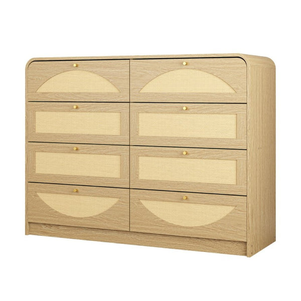 English Elm Natural Rattan Front 8 Drawer Wide Dresser Boho Bedroom Organizer with Gold Knobs W409S00032