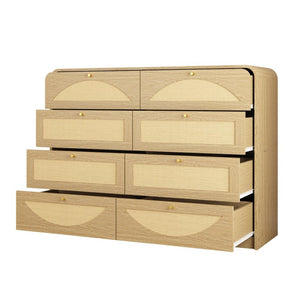 English Elm Natural Rattan Front 8 Drawer Wide Dresser Boho Bedroom Organizer with Gold Knobs W409S00032