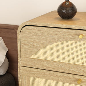 English Elm Natural Rattan Front 8 Drawer Wide Dresser Boho Bedroom Organizer with Gold Knobs W409S00032