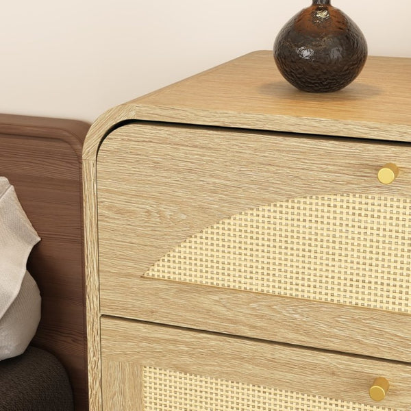 English Elm Natural Rattan Front 8 Drawer Wide Dresser Boho Bedroom Organizer with Gold Knobs W409S00032