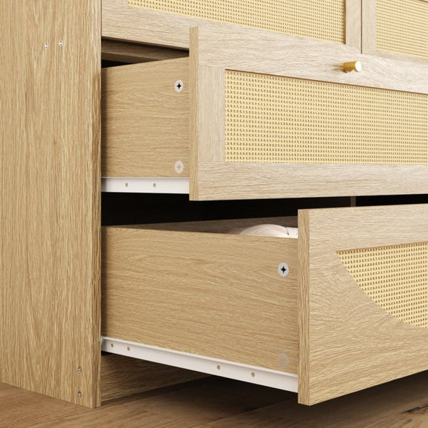 English Elm Natural Rattan Front 8 Drawer Wide Dresser Boho Bedroom Organizer with Gold Knobs W409S00032