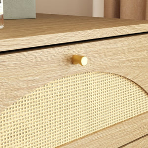 English Elm Natural Rattan Front 8 Drawer Wide Dresser Boho Bedroom Organizer with Gold Knobs W409S00032