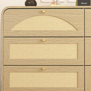 English Elm Natural Rattan Front 8 Drawer Wide Dresser Boho Bedroom Organizer with Gold Knobs W409S00032