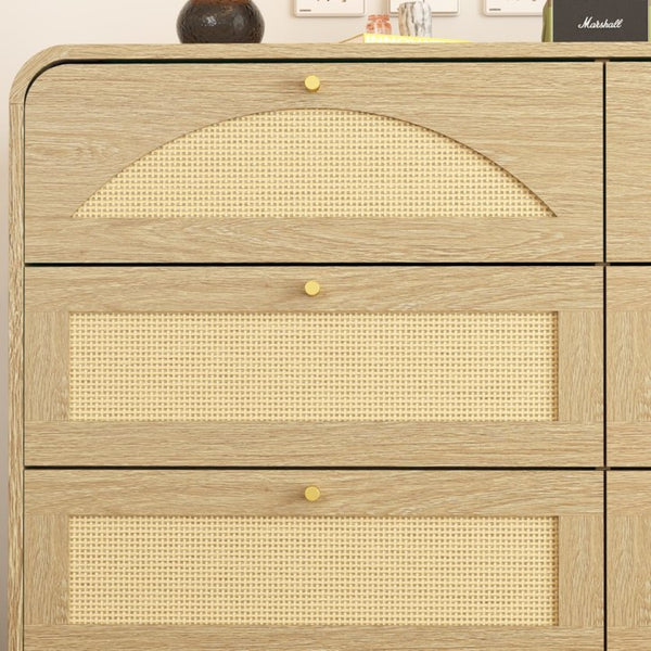 English Elm Natural Rattan Front 8 Drawer Wide Dresser Boho Bedroom Organizer with Gold Knobs W409S00032