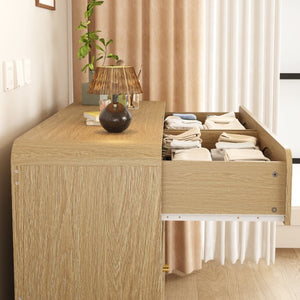 English Elm Natural Rattan Front 8 Drawer Wide Dresser Boho Bedroom Organizer with Gold Knobs W409S00032