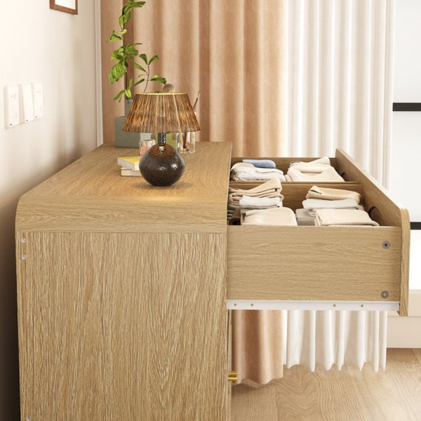 English Elm Natural Rattan Front 8 Drawer Wide Dresser Boho Bedroom Organizer with Gold Knobs W409S00032