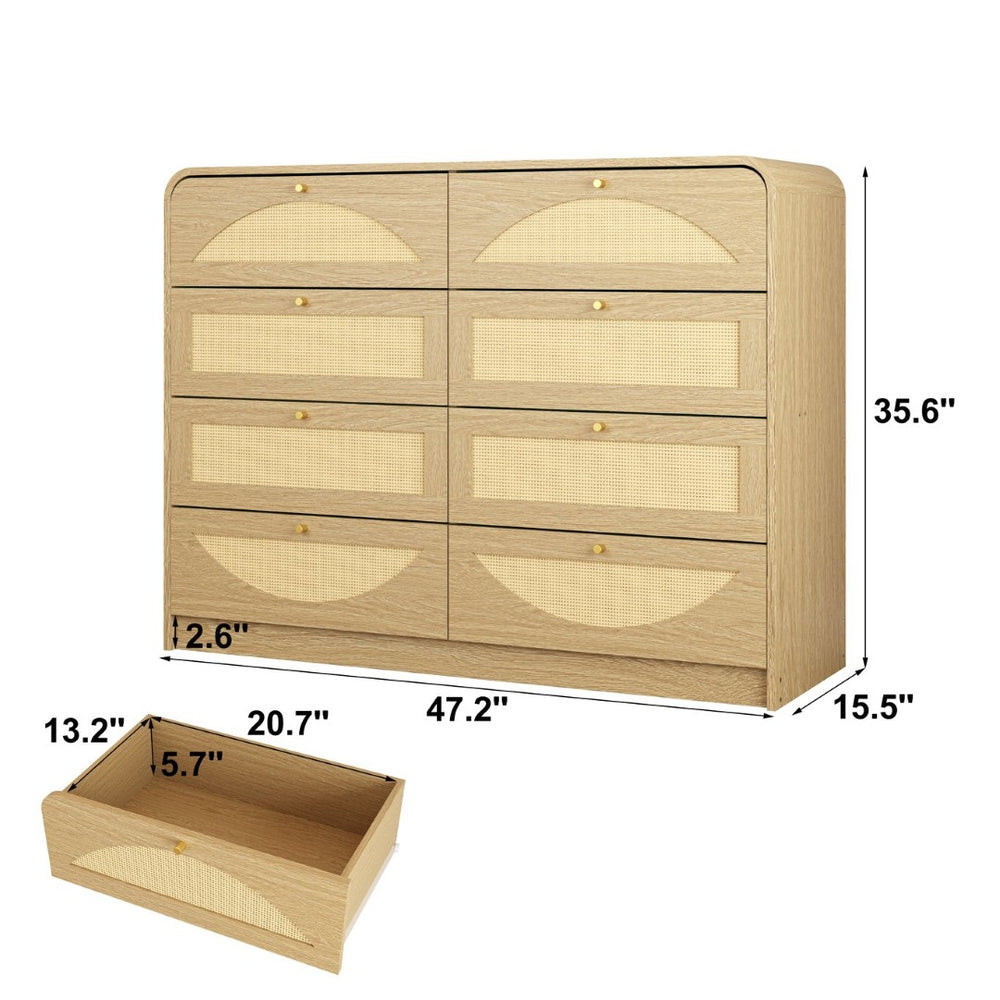 English Elm Natural Rattan Front 8 Drawer Wide Dresser Boho Bedroom Organizer with Gold Knobs W409S00032