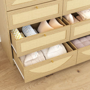 English Elm Natural Rattan Front 8 Drawer Wide Dresser Boho Bedroom Organizer with Gold Knobs W409S00032