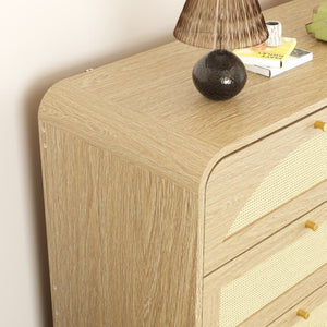 English Elm Natural Rattan Front 8 Drawer Wide Dresser Boho Bedroom Organizer with Gold Knobs W409S00032