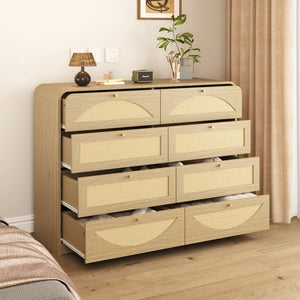 English Elm Natural Rattan Front 8 Drawer Wide Dresser Boho Bedroom Organizer with Gold Knobs W409S00032