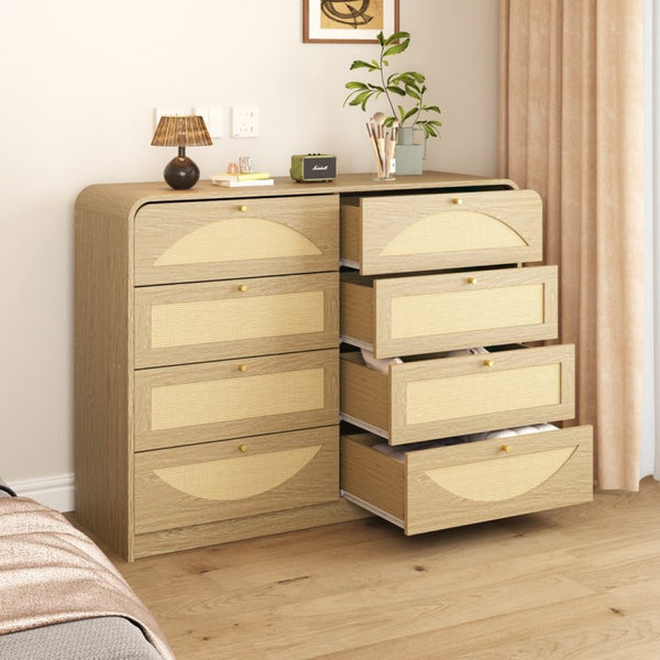 English Elm Natural Rattan Front 8 Drawer Wide Dresser Boho Bedroom Organizer with Gold Knobs W409S00032