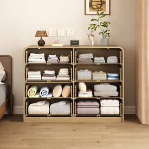 English Elm Natural Rattan Front 8 Drawer Wide Dresser Boho Bedroom Organizer with Gold Knobs W409S00032