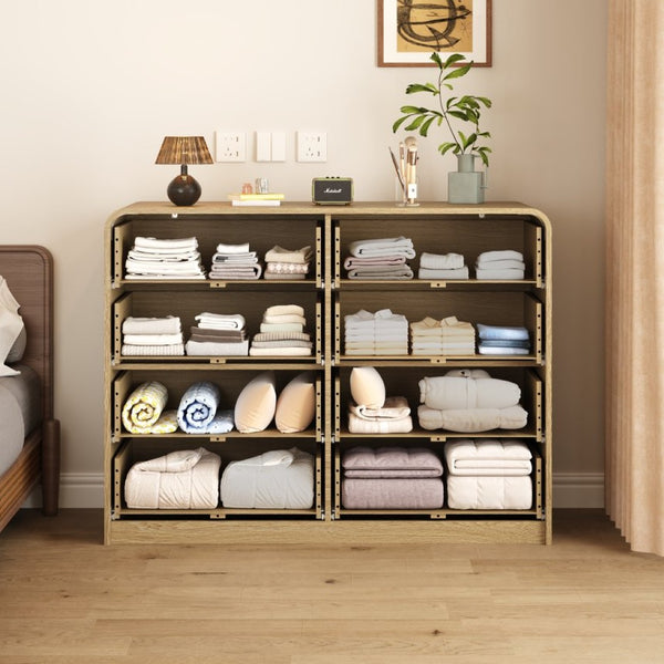English Elm Natural Rattan Front 8 Drawer Wide Dresser Boho Bedroom Organizer with Gold Knobs W409S00032