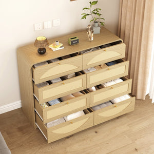 English Elm Natural Rattan Front 8 Drawer Wide Dresser Boho Bedroom Organizer with Gold Knobs W409S00032