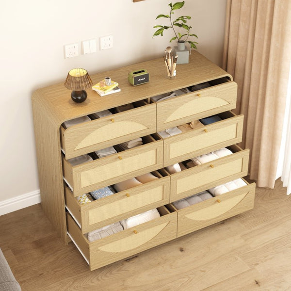 English Elm Natural Rattan Front 8 Drawer Wide Dresser Boho Bedroom Organizer with Gold Knobs W409S00032