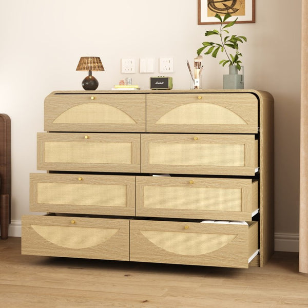 English Elm Natural Rattan Front 8 Drawer Wide Dresser Boho Bedroom Organizer with Gold Knobs W409S00032