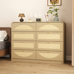 English Elm Natural Rattan Front 8 Drawer Wide Dresser Boho Bedroom Organizer with Gold Knobs W409S00032