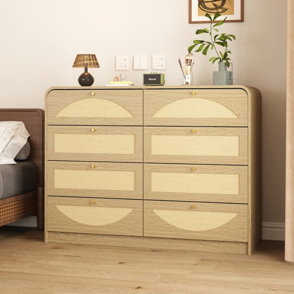 English Elm Natural Rattan Front 8 Drawer Wide Dresser Boho Bedroom Organizer with Gold Knobs W409S00032