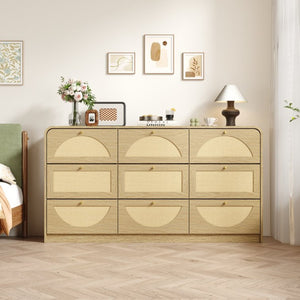 English Elm Natural Rattan Front Nine Drawer Wide Dresser with Gold Knobs for Boho Bedroom Entryway W409S00034