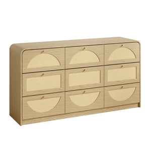 English Elm Natural Rattan Front Nine Drawer Wide Dresser with Gold Knobs for Boho Bedroom Entryway W409S00034