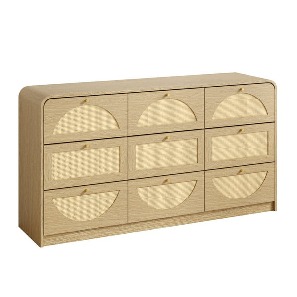 English Elm Natural Rattan Front Nine Drawer Wide Dresser with Gold Knobs for Boho Bedroom Entryway W409S00034
