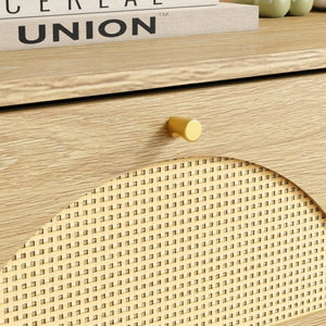 English Elm Natural Rattan Front Nine Drawer Wide Dresser with Gold Knobs for Boho Bedroom Entryway W409S00034
