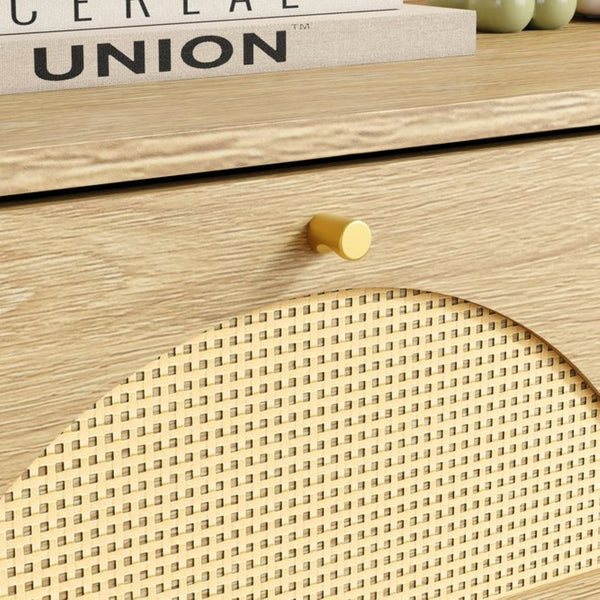 English Elm Natural Rattan Front Nine Drawer Wide Dresser with Gold Knobs for Boho Bedroom Entryway W409S00034