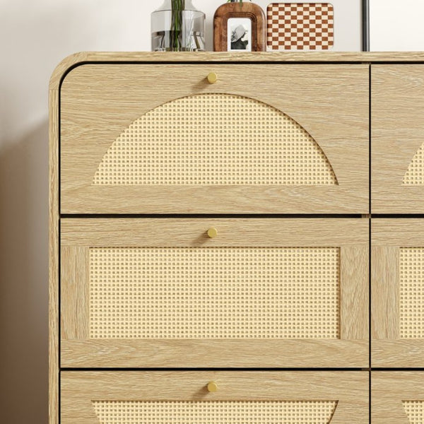 English Elm Natural Rattan Front Nine Drawer Wide Dresser with Gold Knobs for Boho Bedroom Entryway W409S00034