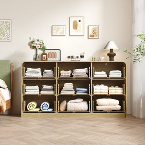 English Elm Natural Rattan Front Nine Drawer Wide Dresser with Gold Knobs for Boho Bedroom Entryway W409S00034